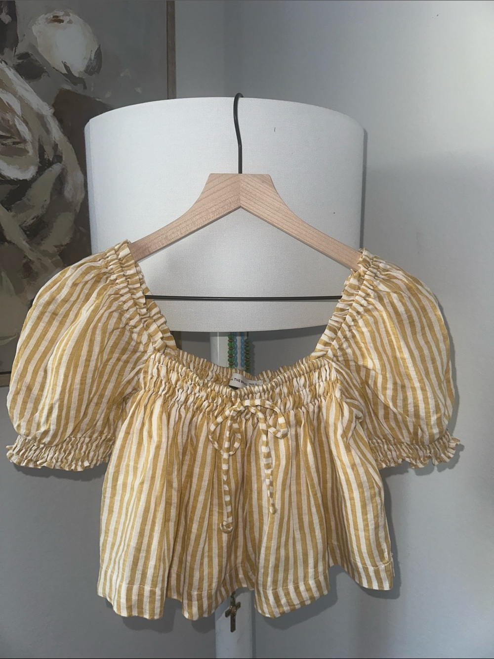 Faithfull the Brand Yellow and White Striped Tie-Front Puff Sleeve Crop Top